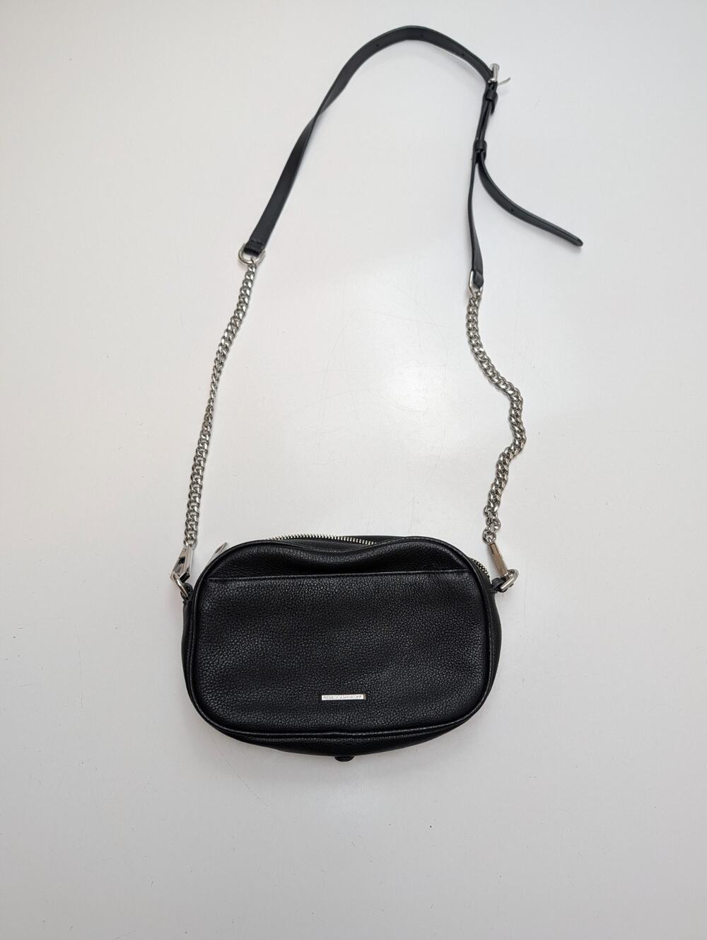 Rebecca Minkoff Women Black Pebbled Leather Small Crossbody Bag Zip Chain Silver
